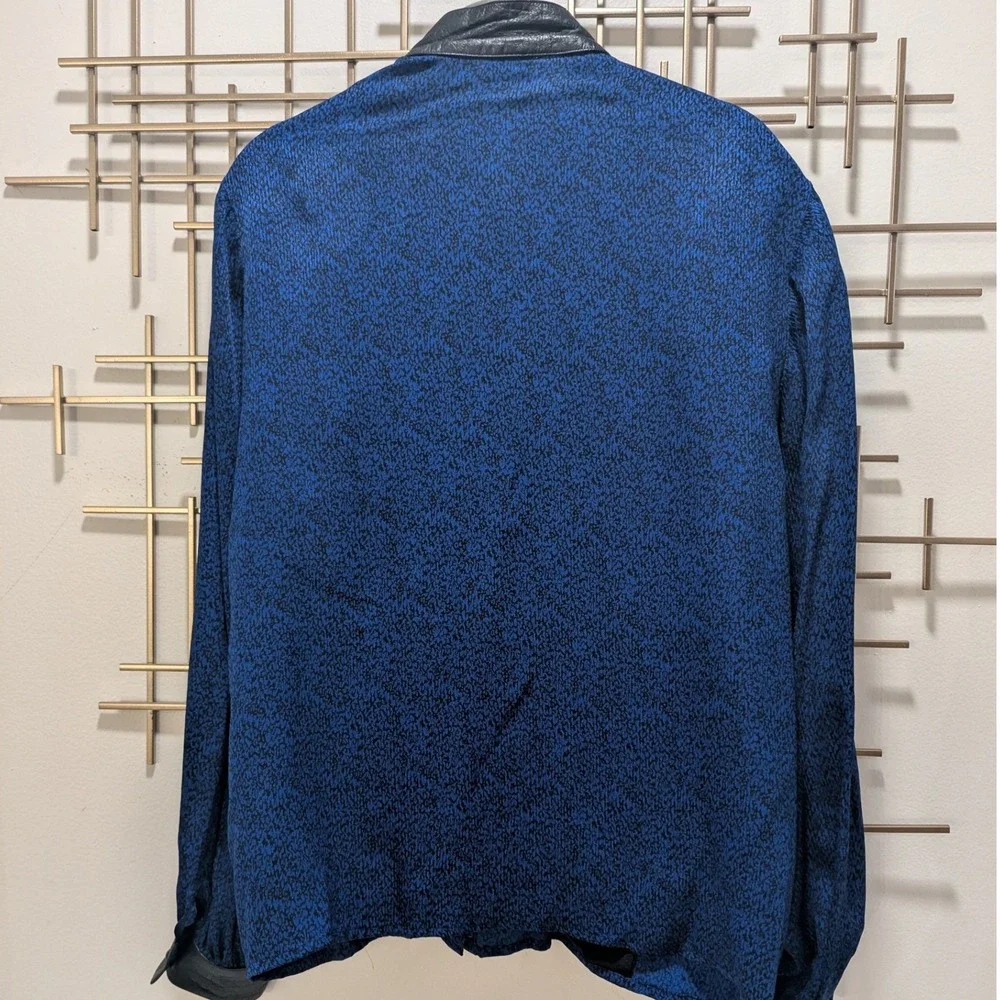 VTG 80's‎ Designer Silk Leather Trim Blouse & Skirt 2 Pc Set Black Cobalt Sz 10